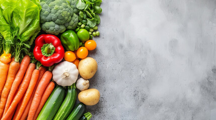 Poster - A variety of fresh vegetables including broccoli, carrots, zucchini, bell peppers, garlic, and potatoes, are arranged on a grey background