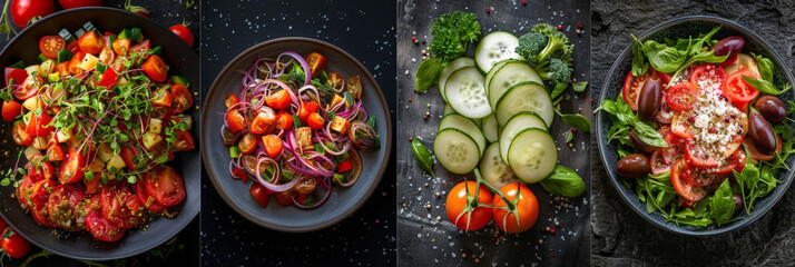 Canvas Print - Four colorful and vibrant salads are showcased on a sleek black background. Each salad features a unique combination of ingredients, textures, and colors, creating a visually striking display