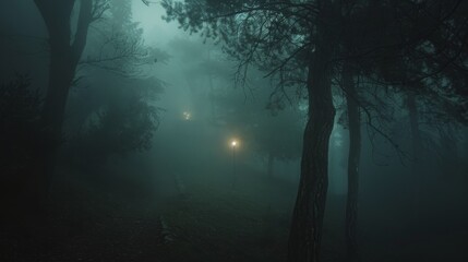 Wall Mural - Foggy forest path at night for horror or fantasy themed designs