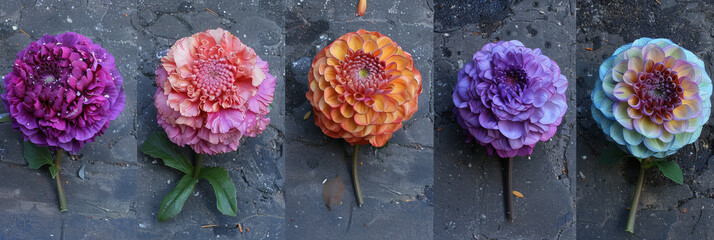 Poster - Five colorful dahlia flowers are arranged on a grey background, showing off their vibrant hues
