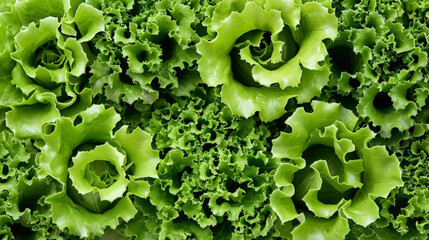Poster - A close-up view of a bunch of vibrant green lettuce leaves, tightly packed together. The leaves are fresh, crisp, and healthy, showcasing the natural beauty of this salad staple
