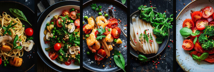 Poster - A collection of plates filled with a variety of dishes such as pasta, salad, steak, sushi, and desserts laid out on a table. Each plate showcases different cuisines, colors, textures, and ingredients
