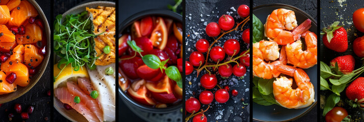 Poster - A collage of different food dishes showcasing fresh, vibrant ingredients, including fruit, vegetables, seafood, and greens