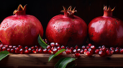 Poster - Three vibrant red pomegranates are arranged neatly on a rustic wooden table, creating a simple yet eye-catching display