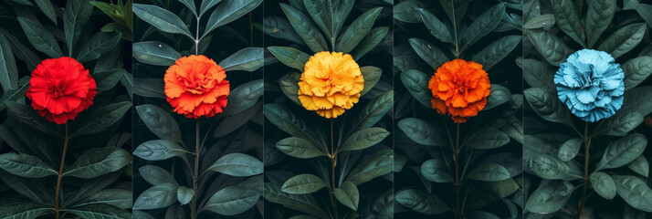 Poster - A vibrant row of colorful flowers stands out against a lush green background. Each flower blooms in various shades, creating a visually striking display of natures beauty