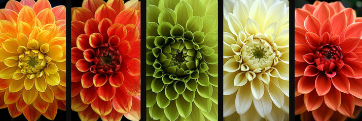 Poster - A row of colorful dahlias, ranging from purple to pink to yellow, stands out vividly against a black background. The flowers are in full bloom, showcasing their intricate petals and vibrant colors