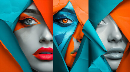 Poster - A womans face is shown through a composition of different colors of paper, creating a unique and vibrant visual effect. Each color accentuates various features of her face