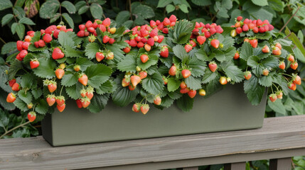 Poster - A planter filled with ripe strawberries sits on a wooden deck, basking in sunlight. The vibrant red fruits contrast beautifully against the green leaves, creating a lovely display of nature