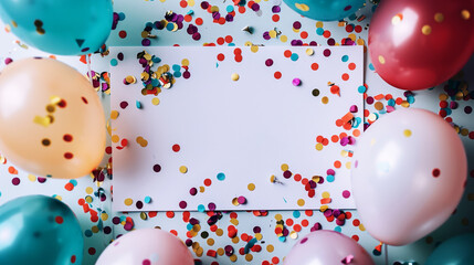 Wall Mural - Colorful party scene with balloons and confetti surrounding a blank white sheet of paper, perfect for festive announcements or invitations.