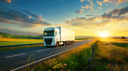 Canvas Print - A white truck drives along a scenic highway during a vibrant sunset, surrounded by fields and open countryside, evoking themes of transportation and travel.