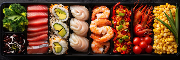Poster - A close-up view of a bento box containing various Japanese dishes including tuna sashimi, avocado maki, shrimp, corn, and red beans