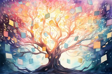 Softly lit tarot, bright fantasy realm, flat style, enchanted tree, closeup perspective 