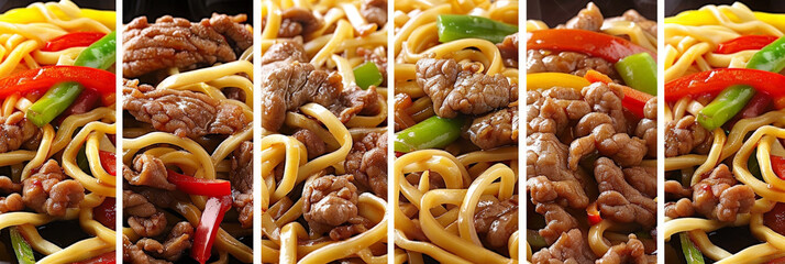 Poster - A collection of close-up photos showcasing various types of noodles combined with colorful vegetables and savory meats. Each image highlights the texture, colors, and ingredients of the dishes