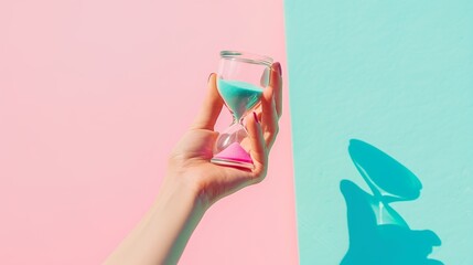 A hand holding an hourglass with pink and blue sand against a dual-tone pastel background. The hourglass casts a shadow on the blue side of the background.