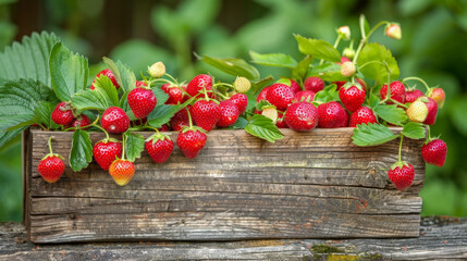 Fototapete - A wooden box filled with vibrant, fresh strawberries. The strawberries are neatly arranged and look plump and ripe, ready to be enjoyed