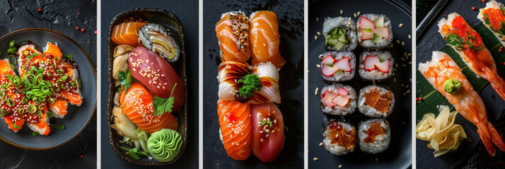 Poster - Various types of sushi and sashimi are arranged on black plates, showcasing colorful ingredients like salmon, tuna, and crab