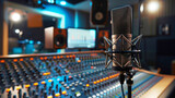 Fototapeta  - Professional recording studio with a condenser microphone in focus, a mixing console with illuminated buttons, and blurred studio equipment in the background.