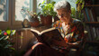 © chekart - A gray-haired elderly woman is reading a book while sitting in an armchair. She wears glasses and sits by the window