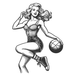 vintage pin-up girl plays basketball, combining sport with classic retro charm sketch engraving generative ai fictional character vector illustration. Scratch board imitation. Black and white image.