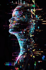 Poster - Colorful digital face profile infused with data - A vibrant profile of a face made with digital glitch art, depicting data and technology concepts