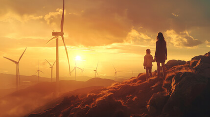 Canvas Print - A silhouette of a woman and child holding hands, standing on a hill overlooking wind turbines at sunset, symbolizing sustainable energy and a hopeful future.