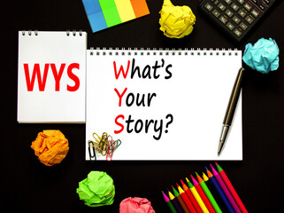 Fototapete - Storytelling and what is your story symbol. Concept words What is your story on white note. Beautiful black background. Black calculator. Business storytelling what is your story concept. Copy space.