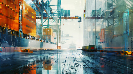 Canvas Print - A bustling port scene with stacked shipping containers, large cranes, and transportation vehicles. Reflections on the wet ground depict recent rainfall, emphasizing the industrial atmosphere.