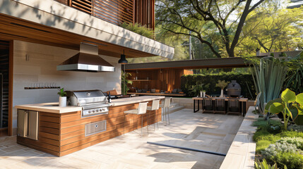 Modern outdoor kitchen with wooden surfaces, stainless steel appliances, bar seating, and a spacious dining area surrounded by lush greenery and contemporary design elements.