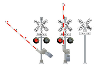 Canvas Print - Road signs and railroad crossing barriers are used in the United States. traffic light, Railway barriers close isolated on white background, design concept for start up, business solutions,