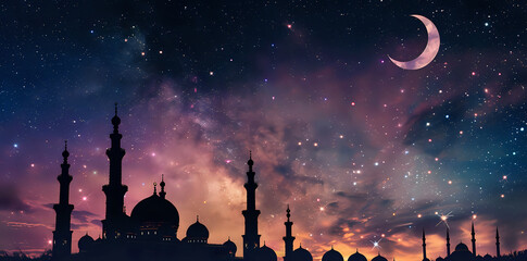 Wall Mural - Breathtaking Night Sky with Stars and Crescent Moon Over Mosque