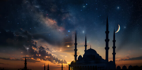 Wall Mural - Majestic Mosque Silhouette Under Twilight Sky with Crescent Moon