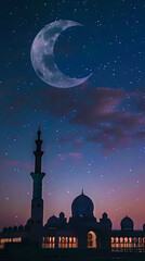 Wall Mural - Serene Mosque Silhouette Under Starry Sky with Crescent Moon