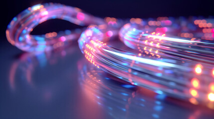 Sticker - Close-up of glowing fiber optic cables with vibrant blue and orange lights, representing high-speed data transfer and modern technology.