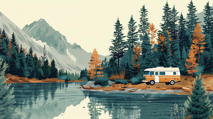 Wall Mural - Illustration of an orange and white camper van parked by a tranquil lake surrounded by pine trees and mountains, showcasing an adventurous outdoor scene.