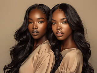 Wall Mural - A photography of two beautiful black women with long black hair extensions, black women models, beauty concept, beige background