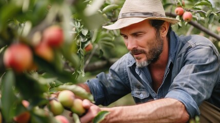 Wall Mural - A dedicated farmer inspecting the quality of his freshly picked fruit in an orchard