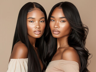 Wall Mural - A photography of two beautiful black women with long black hair extensions, black women models, beauty concept