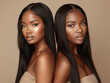 © PhotoLuxeStudio - A professional photography of two beautiful black women with long black hair extensions, black women models, beauty concept