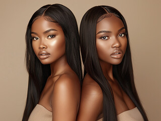 a professional photography of two beautiful black women with long black hair extensions, black women