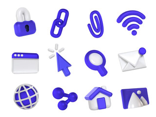 Poster - internet 3d icons. security padlock, web chain link, browser window, cursor click, search magnifying