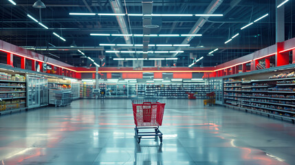 Wall Mural - An empty supermarket at night with a single red shopping cart in the center, surrounded by illuminated shelves stocked with various products.