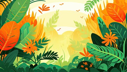 Wall Mural - A colorful image of leaves and flowers with a bright yellow background