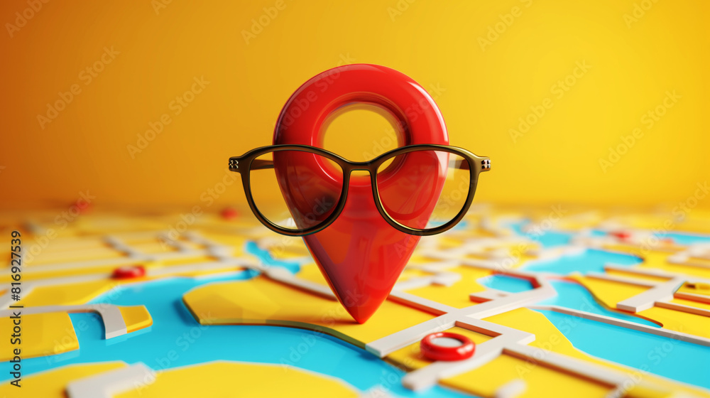 A 3D rendering of a red location pin wearing eyeglasses, set on a ...