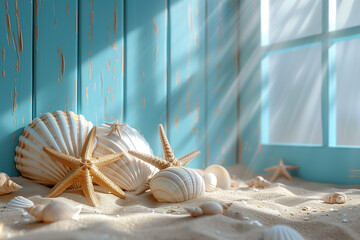 Wall Mural - Summer time concept with sea shells and starfish on a blue wooden background and sand, top view, 3D render