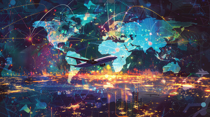 Poster - Vibrant digital artwork of global air travel - This image illustrates a stylized and futuristic view of air travel with vivid colors, routes, and world map