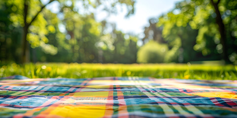 Colorful picnic blanket surface with a blurred background of a summer meadow, suitable for outdoor picnic sets or casual dining products 