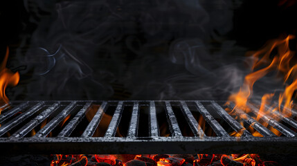 Wall Mural - Hot empty portable barbecue BBQ grill with flaming fire and ember charcoal on black background. Waiting for the placement of your food. Close up