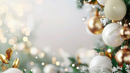 Wall Mural - Festive Christmas tree adorned with gold and white ornaments, surrounded by green branches and golden decorations, set against a soft, blurred bokeh background.