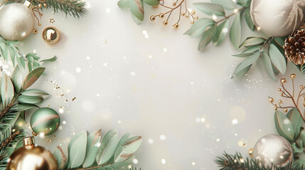 Wall Mural - Festive Christmas background with elegant baubles, pine branches, and golden accents. The composition features metallic ornaments and leaves, creating a sophisticated holiday frame.