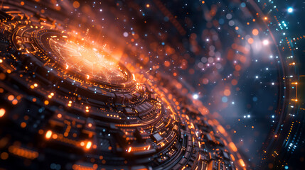 Wall Mural - an abstract futuristic background with glowing particles and cyberpunk elements. In the center there is an array or spiral made from circuit boards, in space surrounded by stars